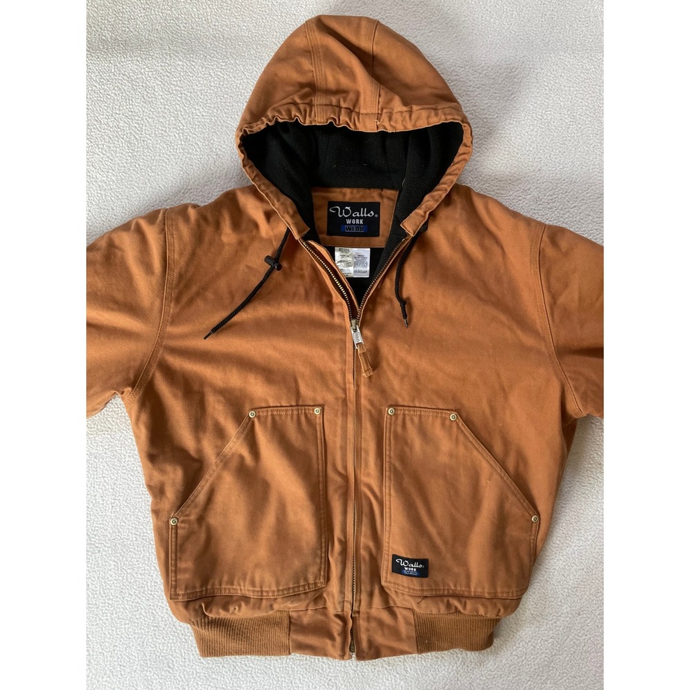 Walls Mens Medium Workwear Hooded Bomber Jacket Brown Fleece Lined Canvas